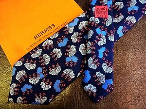 ★並品★4R01579【HERMES】エルメス「花 葉っぱ 植物 柄」ネクタイ