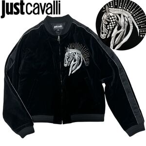 良品■Just Cavalli■ベロア ホース 刺繍スタッズ ボンバージャケット 54 XL ブラック シルバー サテン Horse Embroidered 定価8万円程度