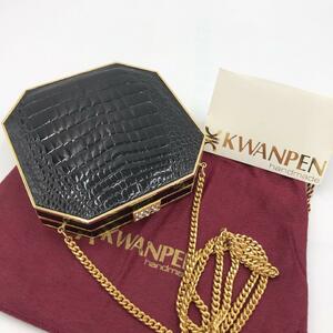 1円【最高級 希少】KWANPEN クワンペン バニティ アクセサリーポーチ チェーン ショルダー シャイニング クロコ がま口 ラインストーン 黒