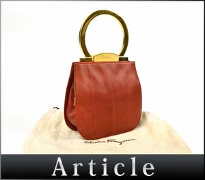 189341◆ Ferragamo フェラガモ ガンチーニ ハンドバッグ 鞄 バッグ 型押しレザー オレンジ ゴールド金具 レディース 保存袋/ B