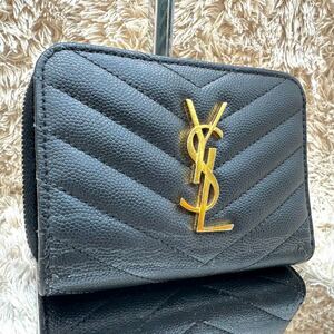 極美品●YVESSAINTLAURENT イヴサンローラン カサンドラ Vステッチ キャビアスキン レザー 二つ折り財布 ウォレット ブラック 黒 EA2347