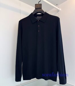 KITON キトン メンズ ニットポロシャツ 長袖Tシャツ トップス ブラック XLサイズ 綿 ニットカットソー 紳士服 無地 ウール