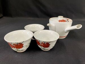 S183【九谷焼 九谷陶和造 金彩赤絵梅文横手急須 湯呑3客】美品 /60