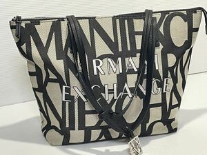 T0255■ 超美品 ARMANI EXCHANGE A|X アルマーニ エクスチェンジオールオーバーロゴ トートバッグ 黒 白 レザー キャンバス 