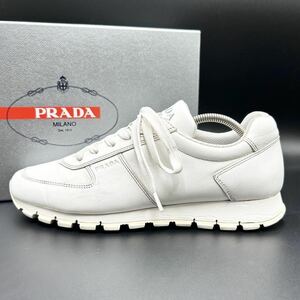 1円 【美品】 PRADA プラダ 【圧倒的高級感】 メンズ スニーカー ローカット シューズ 厚底 靴 サイドロゴ ホワイト 白 レザー 26.0相当