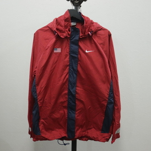 C159 2006年代製ビンテージ NIKE ナイキ ポリエステルジャケット USA製■00s 表記Lサイズ レッド 赤 レディース アメカジ 古着 希少 激安