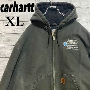 【入手困難】カーハート アクティブジャケット 革タグ 企業 刺繍 グリーン662 Carhartt 古着 アメリカ古着 ブルゾン コットン 