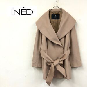 1D2189-K◆INED イネド ショールカラー長袖コート◆size11 ピンクベージュ 総裏 比翼 ウエストベルト ショート丈 キレイめ レディース