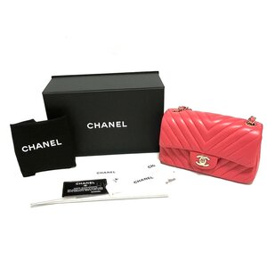 美品 シャネル【CHANEL】A69900 シェブロン Vステッチ　ミニ チェーンショルダーバッグ20 ピンク マトラッセ ラムスキン シングル 18000