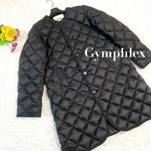 美品☆Gymphlexジムフレックス ノーカラー ロング ダウンコート キルティング ブラック 黒 14 L