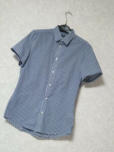 美品★H&M エイチアンドエム★EASY-IRON SLIM FIT 半袖チェックシャツ メンズ ブルー×白 サイズS