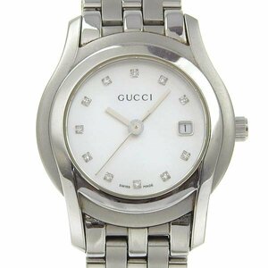 1円 稼働 グッチ GUCCI 5500L クオーツ 11Pダイヤモンド ホワイトシェル文字盤 SS×SS レディース 腕時計