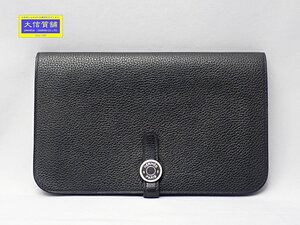 HERMES エルメス ドゴンデュオ ドゴンGM 二つ折り 長財布 D刻印 ブラックトゴ シルバー金具 小銭入れ欠品 中古B+ 【送料無料】 A-8698