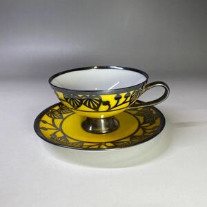 19世紀 ドイツ アンティーク フッチェンロイター カップ&ソーサー 銀 シルバー アールデコ 木葉紋 デミタスカップ イエロー 銀食器