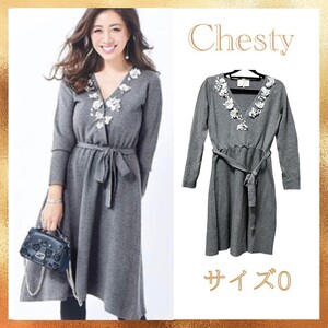 Chesty チェスティ シフォンカシュクール ニットワンピース グレー 長袖 ひざ丈