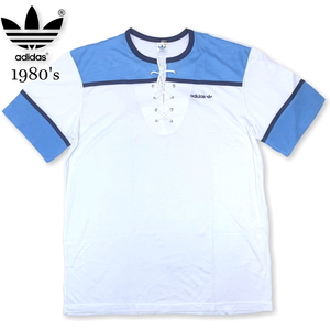 ★激レア1980年代 adidas アディダス ハチマル期新品デッド ビンテージ トレフォイルフロッキーロゴ レースアップ Tシャツ 日本サイズXL位