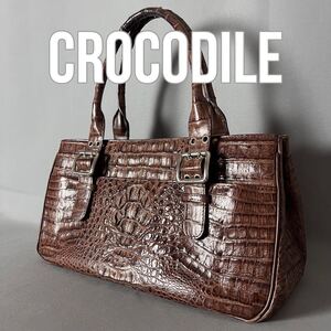 ★１円スタート★ カイマン クロコダイル crocodile ワニ革 鰐革 ハンドバッグ ブラウン 茶 エキゾチックレザー G61.