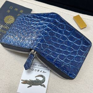 実物一枚革　最高級藍染めクロコダイル財布　デニムのよう　YKKラウンドファスナー ワニ革　鰐 本革　手染め手作り　ミニ財布　コンパクト