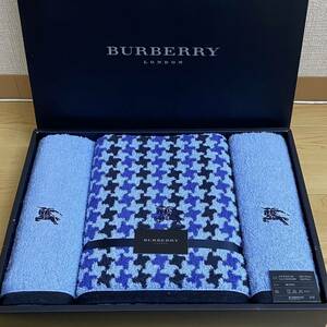 BURBERRY バーバリー フェイスタオル2枚　 バスタオル1枚　ブルー　千鳥格子　ホースマーク刺繍　no.150