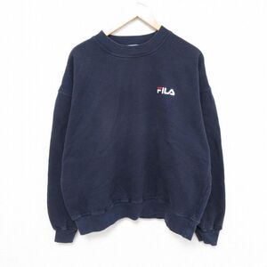 XL/古着 フィラ FILA 長袖 スウェット メンズ 90s ワンポイントロゴ 大きいサイズ クルーネック 紺 ネイビー 24sep17 中古 スエット トレー