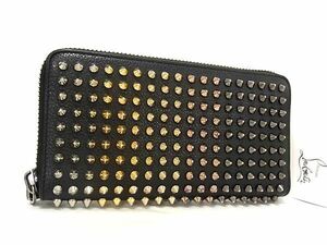 1円 ■美品■Christian Louboutin ルブタン パネトーネ ロックスタッズ レザー ラウンドファスナー 長財布 ウォレット ブラック系 FC3571