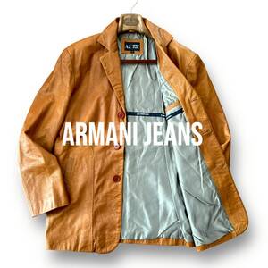 美品 極上の逸品 XLぐらい 50『アルマーニジーンズ ARMANI JEANS』牛革 リアルレザー テーラードジャケット ブルゾン ブラウン AHR4T00079