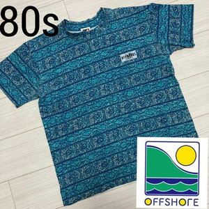 80s Vintage■OFF SHORE■総柄 ジャガード柄 Tシャツ M ブルーグリーン ワッペン ボーダー オフショア シングルステッチ オールドサーフ