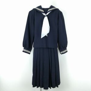 1円 セーラー服 スカート スカーフ 上下3点セット 大きいサイズ 特大 冬物 白3本線 女子 学生服 中学 高校 紺 制服 中古 ランクC NA8805