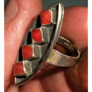 超希少!VINTAGE NAVAJO 1940’s CORAL STERLING SILVER RING CLASSIC STYLE USAナバホビンテージコーラルクラシックシルバーリング12号