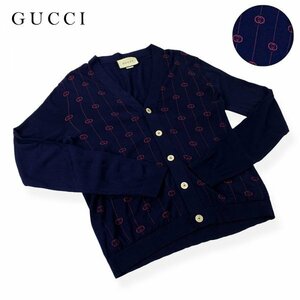 ★激レア極美品/高級生地★ GUCCI グッチ インターロッキングG GG柄 SS2020-21AW ストライプ ウール カーディガン ネイビー M イタリア製