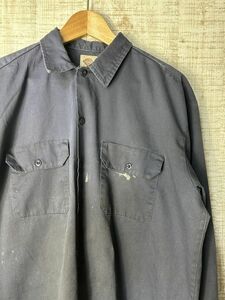 ☆US古着 Dickies ディッキーズ ワークシャツ シャツ ペンキ汚れ ダメージあり ネイビー紺【L】コットンポリ　　　　　　　◆4481◆