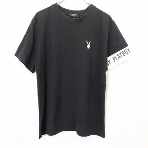 プレイボーイ バニー PLAYBOY Bunny Tシャツ カットソー ロゴ刺繍 袖プリント 丸首 半袖 綿100% コットン M ブラック 黒 レディース 女性