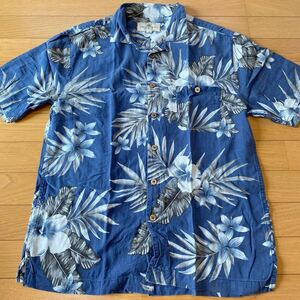 Island Shores　アロハシャツ　シルク　M　ネイビー　ウォッシャブル　総柄　花柄　ボタニカル　リーフ　半袖　夏物　クールビズ　メンズ