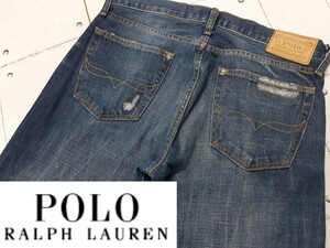 RALPH LAUREN THE VARICK SLIM STRAIGHT ダメージ　クラッシュ　加工　デニム　ラルフローレン　インディゴ　ヴィンテージ　パンツ　