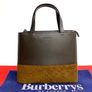 極 美品 希少品 BURBERRY バーバリー ロゴ 型押し レザー 本革 スウェード ステッチ ハンドバッグ ミニ トートバッグ ブラウン 78320