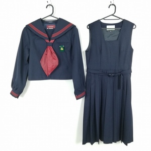 1円 セーラー服 ジャンパースカート スカーフ 上下3点セット 165A トンボ 冬物 赤3本線 女子 学生服 埼玉美原中学 紺 中古 ランクB EY9306