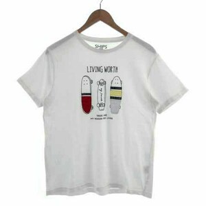 シップス SHIPS Ｔシャツ 丸首 半袖 スケートボード プリント パッチワーク コットン ホワイト 白 L メンズ