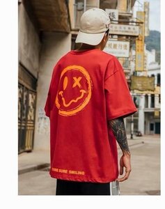 メンズファッション クルーネック 半袖Tシャツ カジュアル おしゃれ ゆったり 大きいサイズ レッド 2XLサイズ