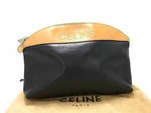 1円 CELINE セリーヌ レザー クラッチバッグ セカンドバッグ メンズ レディース ブラック系×ブラウン系 FE0215