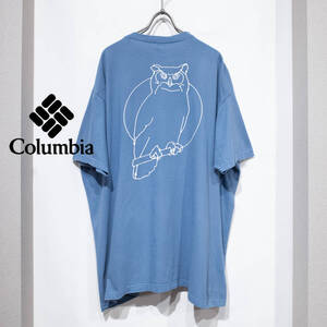 XL / Columbia コロンビア コットン 半袖 Tシャツ グレイッシュ ブルー くすみ ペールカラー エンボス フクロウ 背面 グラフィック 古着