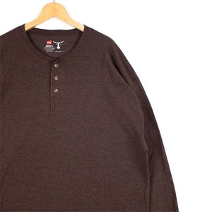 Hanes BEEFY ヘインズ ヘンリーネック長袖Tシャツ fメンズUS-2XLサイズ 杢ブラウン ロンT t-2539n