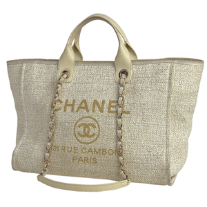 シャネル CHANEL ドーヴィル チェーン トートバッグ GM ココマーク ショルダー トートバッグ ツイード ホワイト ゴールド レディース 中古