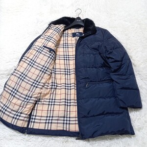 【1円】 BURBERRY バーバリーロンドン ロング ダウンコート ダウンジャケット 中綿 ジャンパー ノバチェック 襟ファー フード欠品 紺