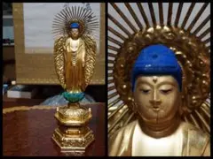 仏教美術木製 金箔塗 細工彫『阿弥陀如来立像』六角台座 仏像 高約33㎝