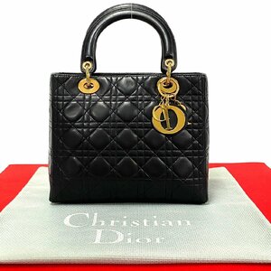 極 美品 Christian Dior クリスチャン ディオール レディディオール 金具 カナージュ ラムスキン 本革 ハンドバッグ ブラック 02793