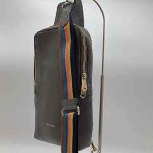 【美品】Paul Smith ポールスミス ボディバッグ ショルダーバッグ オールレザー シボ革 マルチストライプ スリング 肩掛け メンズ ビジネス