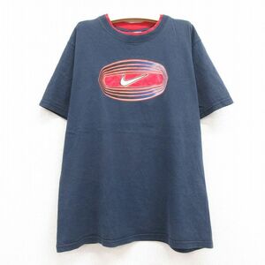 古着 ナイキ NIKE 半袖 ビンテージ Tシャツ キッズ ボーイズ 子供服 00s ビッグロゴ コットン クルーネック 紺 ネイビー 23may16