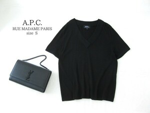 ☆A.P.C.アーペーセー☆ニット☆半袖☆黒☆Vネック☆S(7号)☆レーヨン混☆リブニット☆カットソー☆フランス