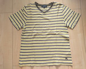 ★BURBERRY★■ボーダー柄/ホース刺繍/半袖Tシャツ/Vネックカットソー/140cm/イエロー×ブラウン/バーバリー■