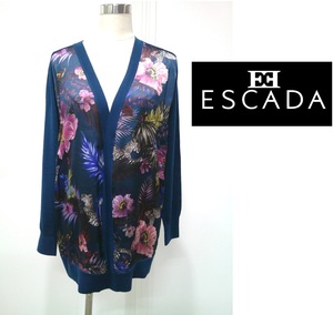 【新品】ESCADA（エスカーダ） シルク100% (部分）カーディガン　アニマル柄　上着　ニット シルク素材　秋物　　パープル　ロング丈